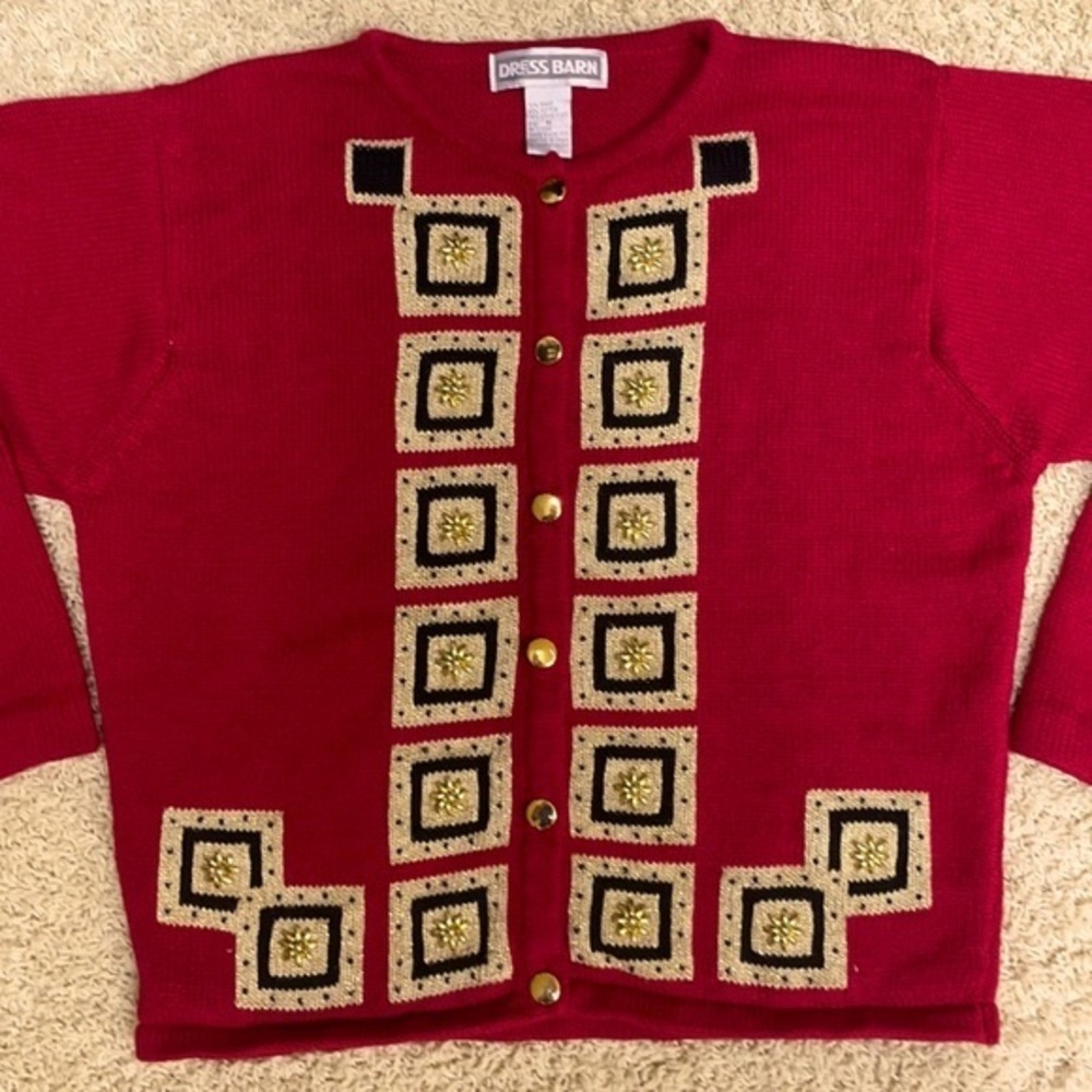 Vintage Red Knit Cardigan Geometric Squares Gold Button Front Retro Sweater M - Picture 4 of 10